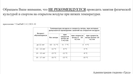 Обращаем внимание на допустимые критерии  для занятий физической культурой и спортом при пониженных температурах